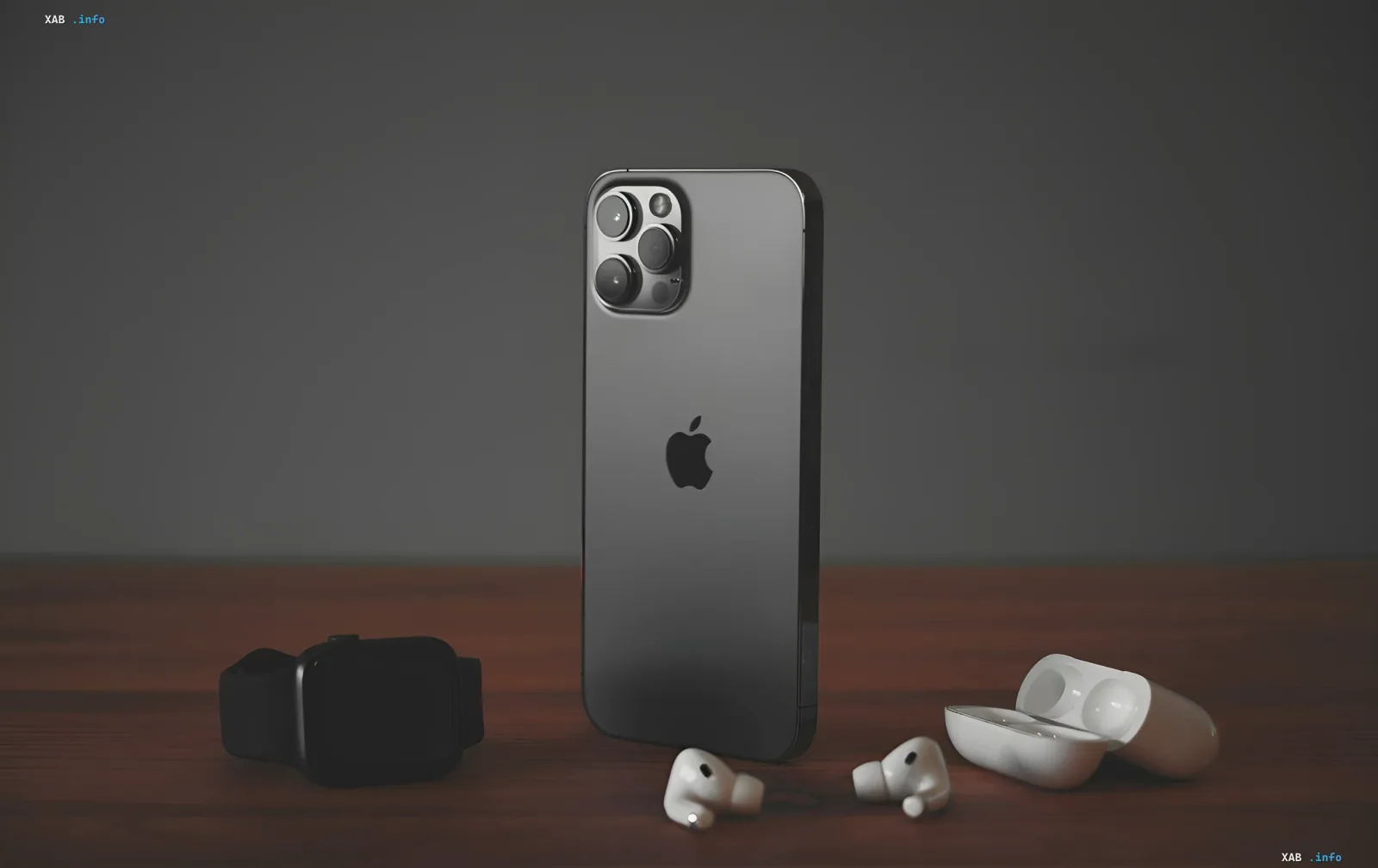 iPhone with triple camera, Apple Watch, and AirPods on a wooden table, illustrating new iOS 27 features: Siri AI, enhanced photo tools, and faster AirDrop