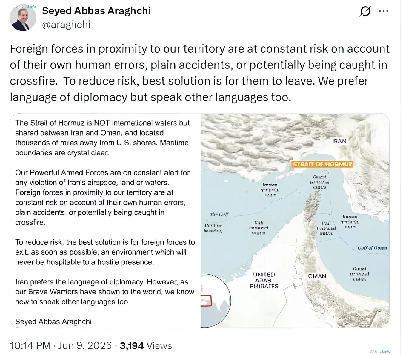 Tweet by Seyed Abbas Araghchi with a map of the Strait of Hormuz and an ultimatum for the US to leave the region