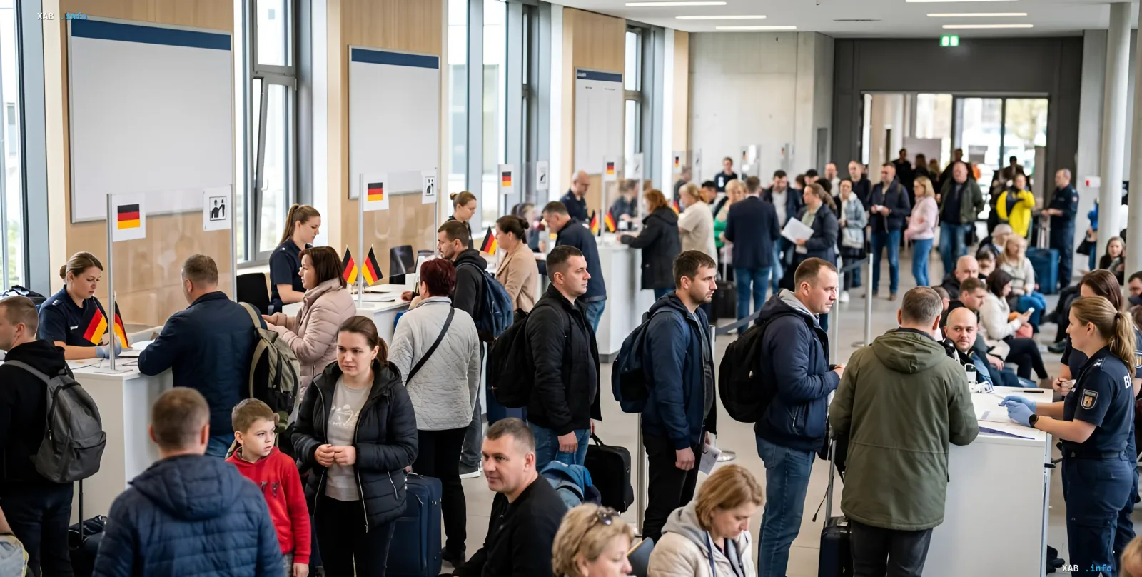 Украинские беженцы в очереди на получение документов в немецком офисе миграционной службы