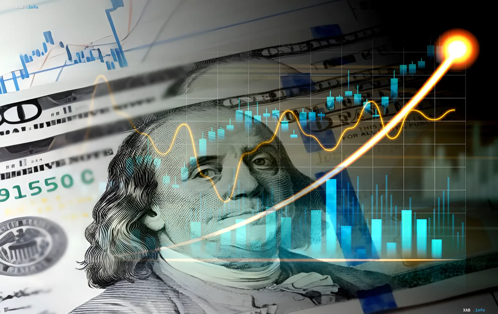 Graph showing the rise of the dollar rate against the backdrop of a US banknote, illustrating news about the NBU's currency rate update and expert forecasts.