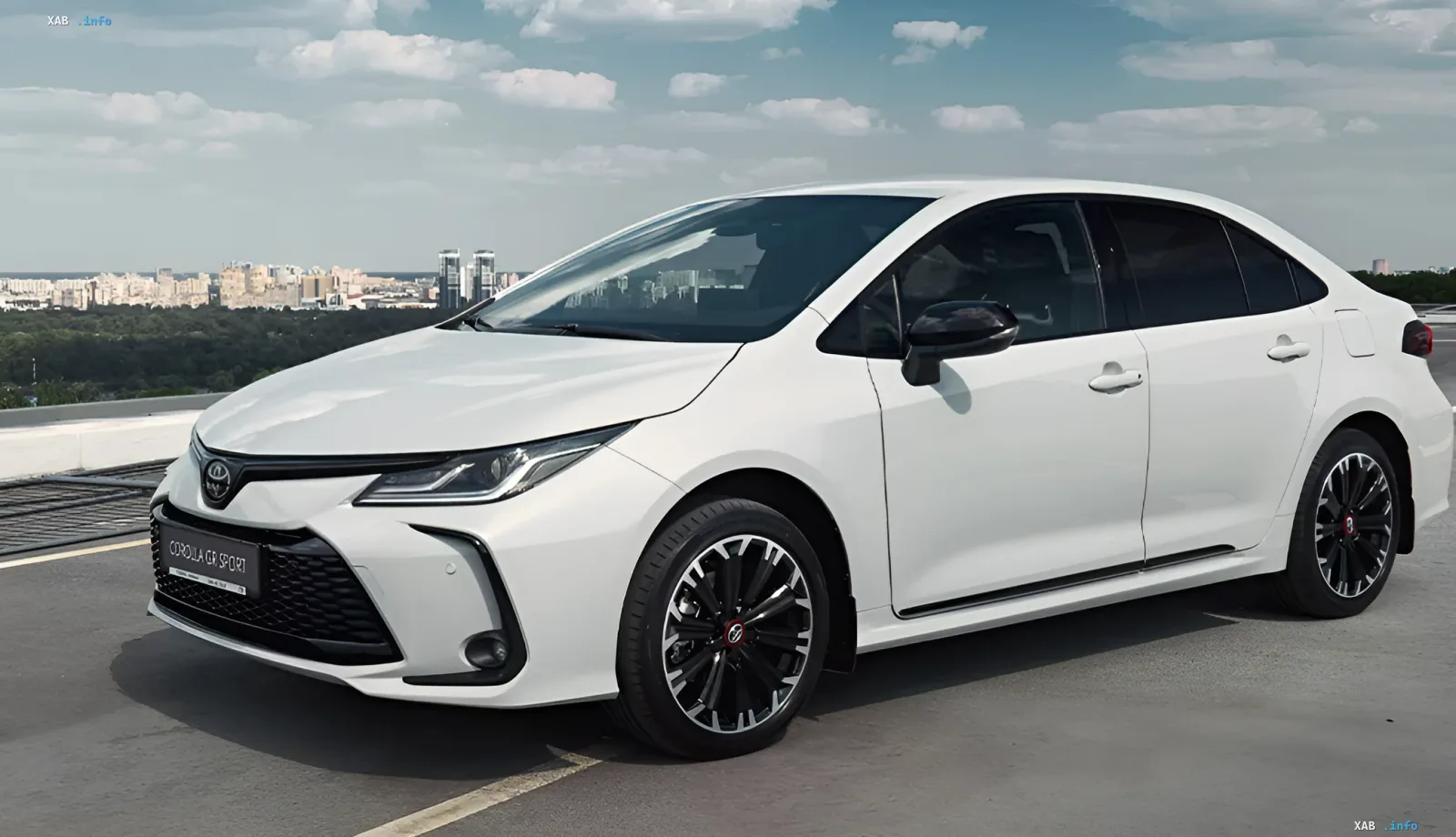White Toyota Corolla GR Sport against an urban skyline, symbolizing innovation and technological progress before going public