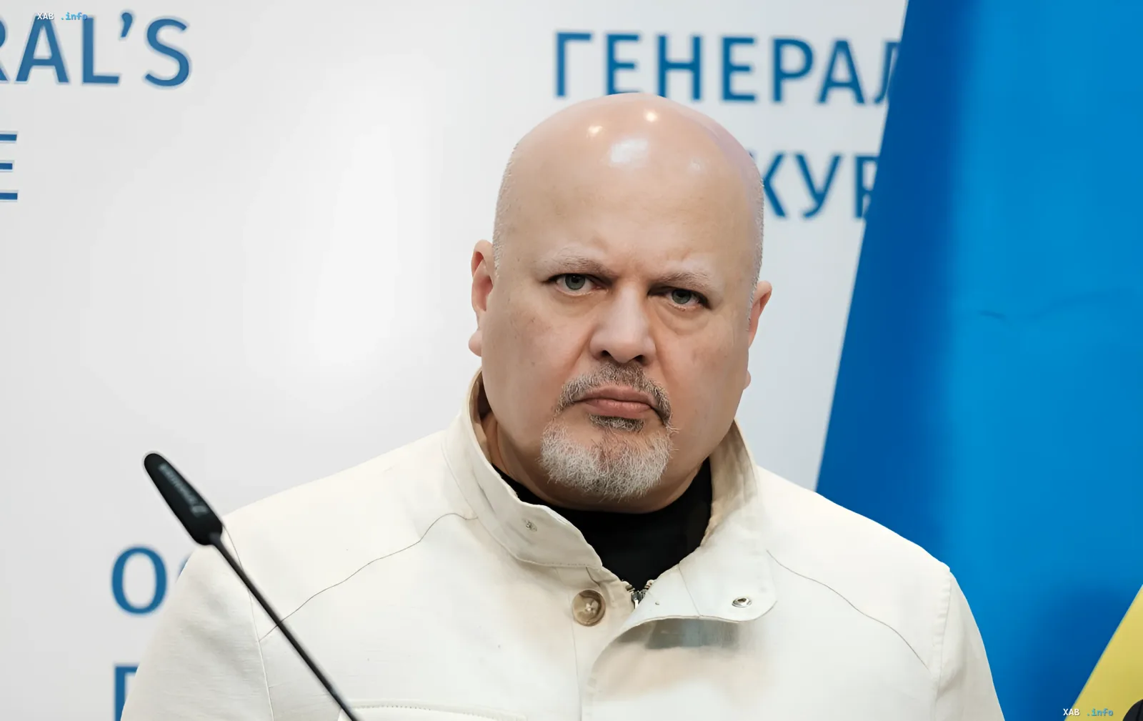 Karim Khan, former chief prosecutor of the International Criminal Court, at a press conference before dismissal