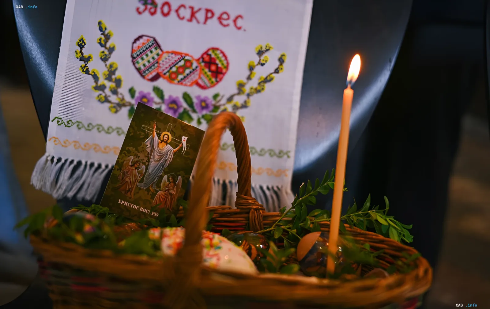 Украинская пасхальная корзина с горящей свечой, расписными яйцами, иконой Воскресения Христова и полотенцем с надписью «Христос Воскрес» — символы праздника, дата которого в 2027 году будет определена по лунному календарю