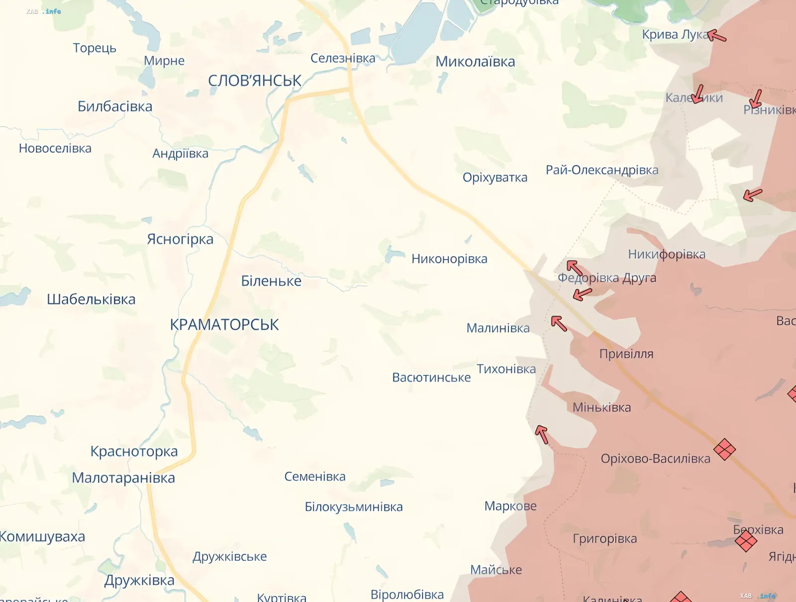 Map of Sloviansk and Kramatorsk showing evacuation zones and child evacuation routes