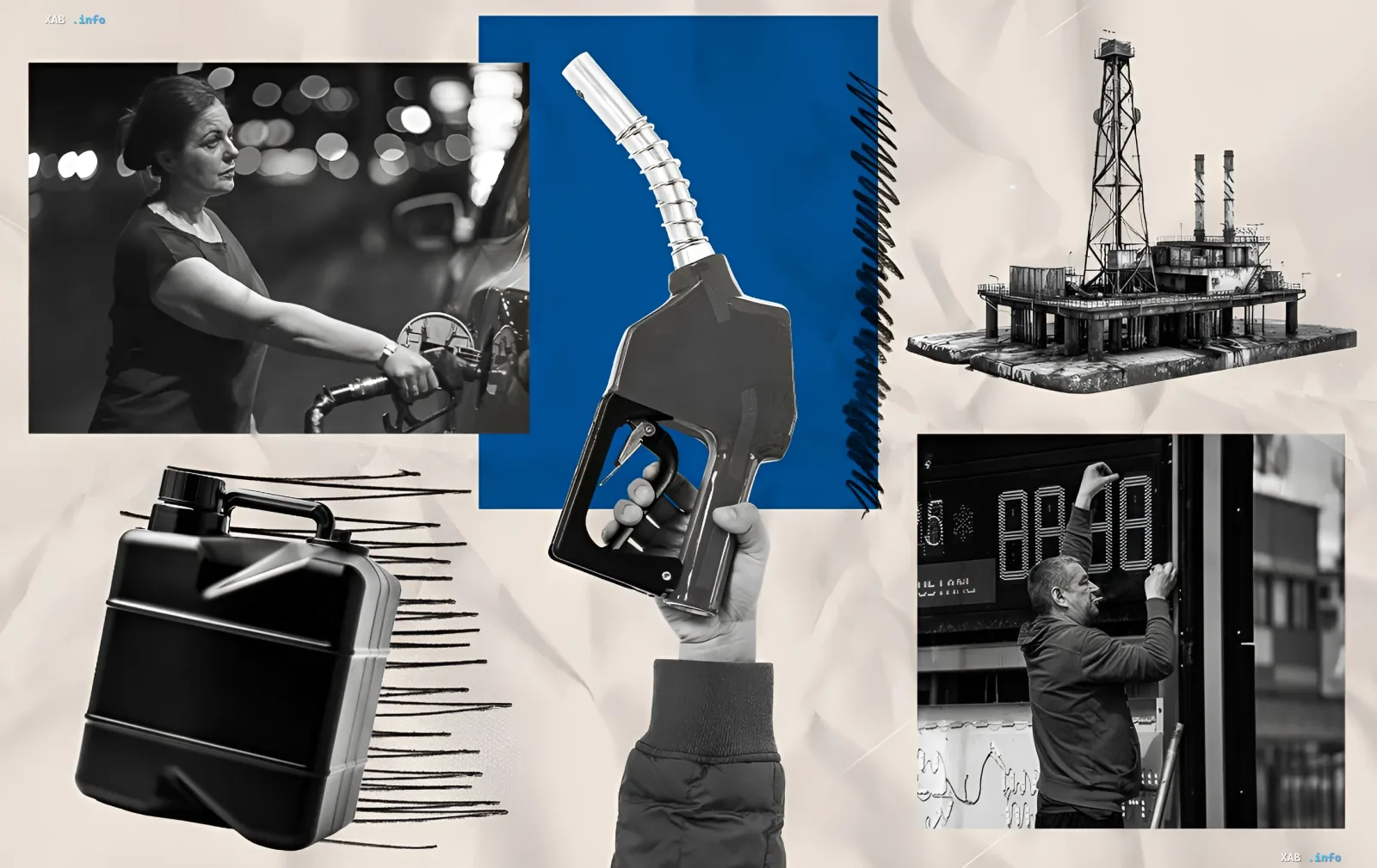 Коллаж с изображением заправки, топливного пистолета, канистры и нефтебазы — иллюстрация к статье о ценах на бензин и дизель в Украине на 9 июня