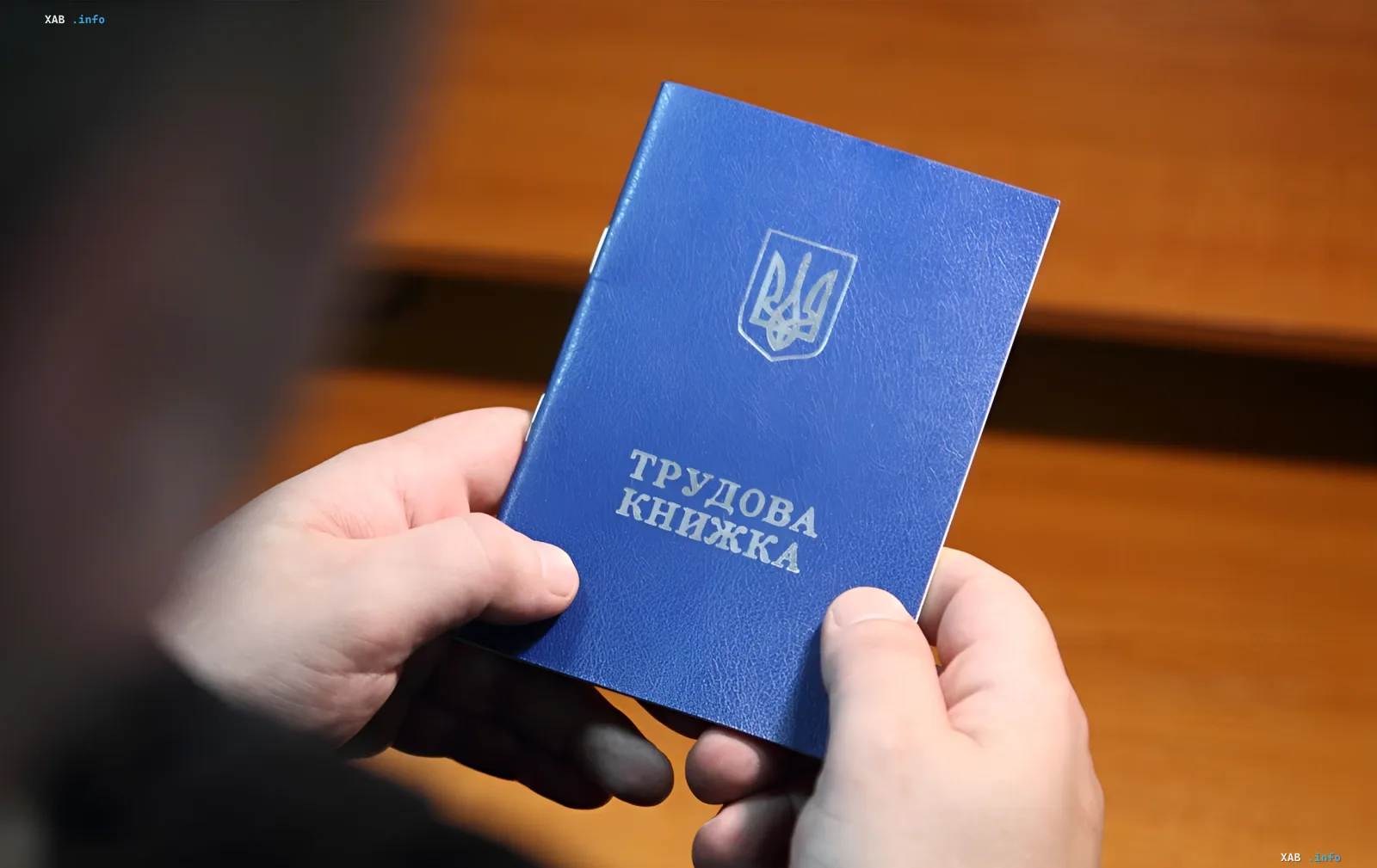 Человек держит в руках синюю трудовую книжку с гербом Украины, символизирующую необходимость срочной оцифровки документов до 10 июня