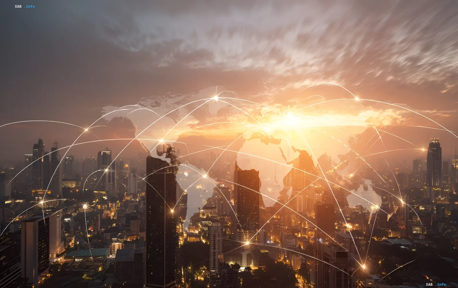 Global AI traffic network overlaying a cityscape: symbolizing how bots and algorithms have surpassed real user activity on the internet for the first time