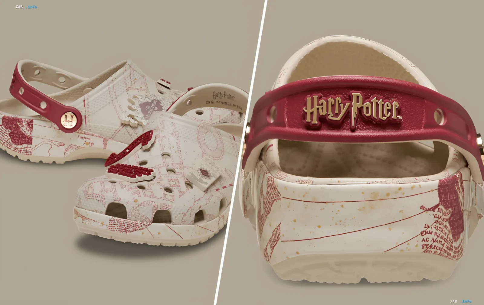White Crocs shoes with Marauder's Map design from 'Harry Potter', decorated with red details and the Harry Potter logo