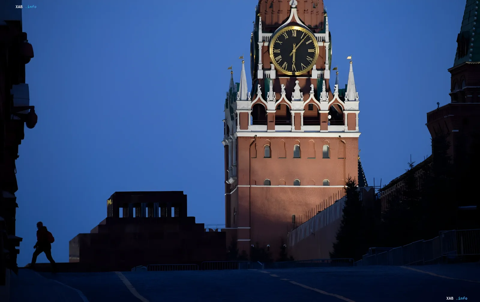 Spasskaya Tower of the Kremlin against the evening sky, Red Square without festive bustle and concerts for Russia Day