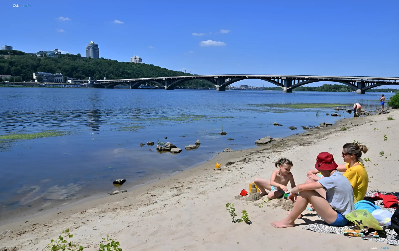 Семья отдыхает на песчаном берегу Днепра в Киеве, на фоне моста и городских зданий — иллюстрация к статье о купальном сезоне 2026: пляжи открыты, но официально не работают
