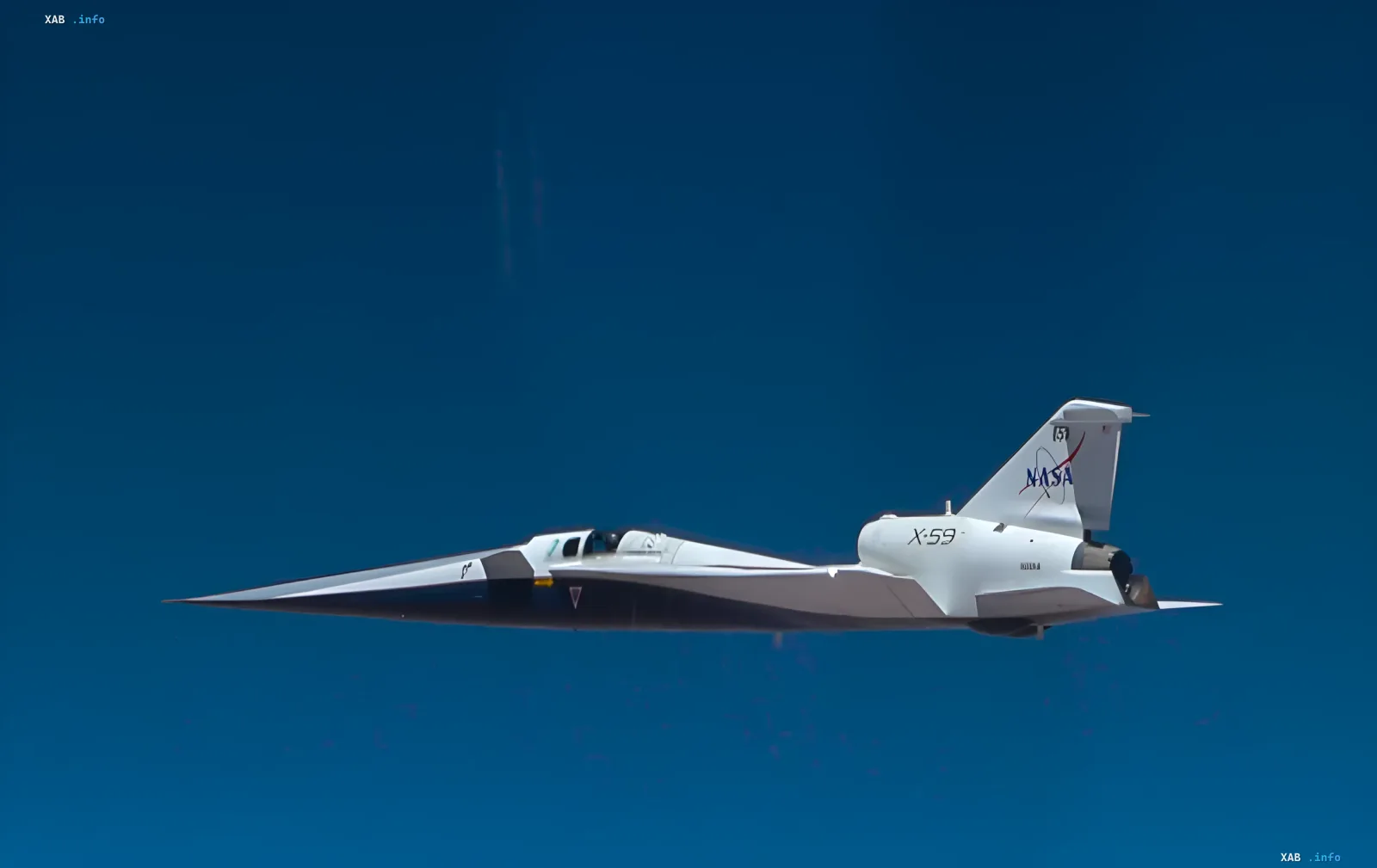 NASA X-59 experimental aircraft in flight against a clear sky