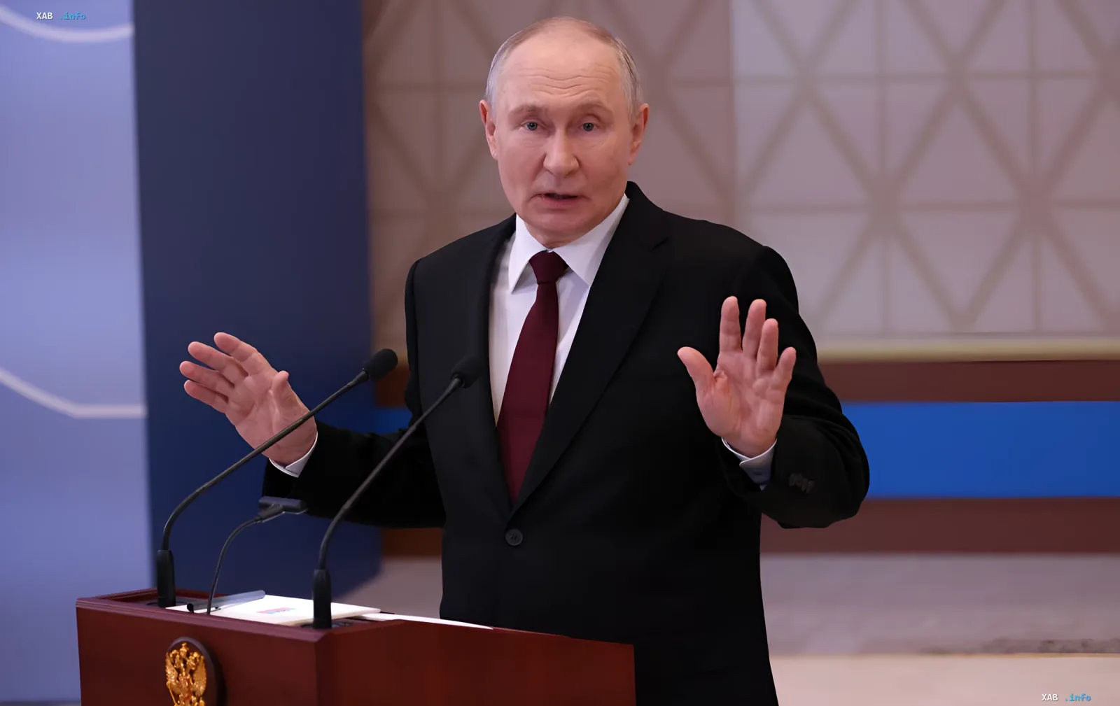 Vladimir Putin at podium gesturing to explain 'test strikes' — how Kremlin hides 'Oreshnik' failure