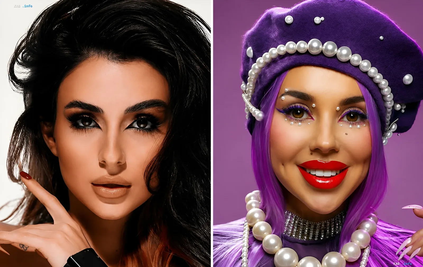 Comparison of SoloHa and Anna Trinchere looks: photo of the singer with black hair and in a purple beret with pearls