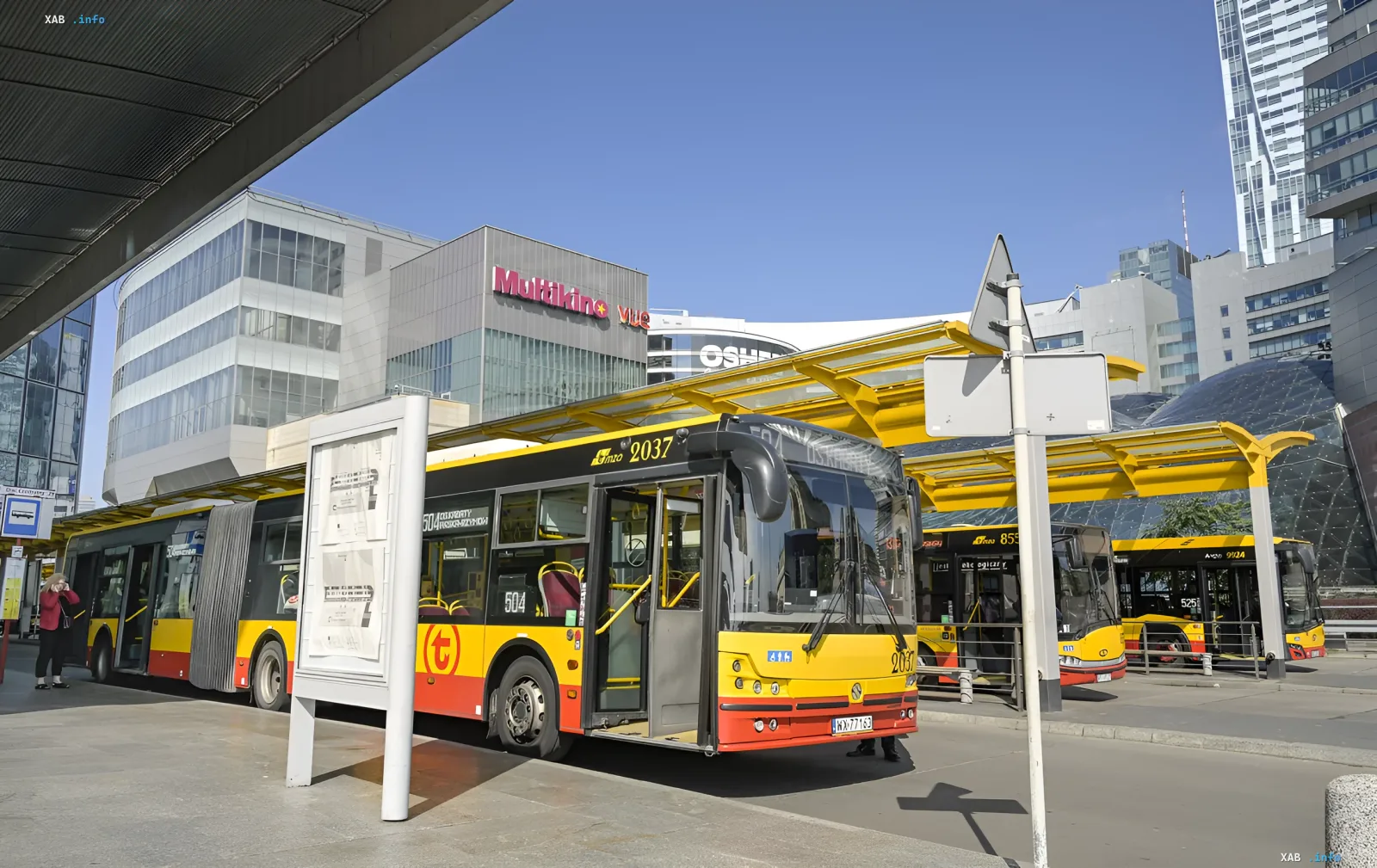Polish buses at a station in Warsaw, ready for dispatch to Vinnytsia as part of a humanitarian initiative