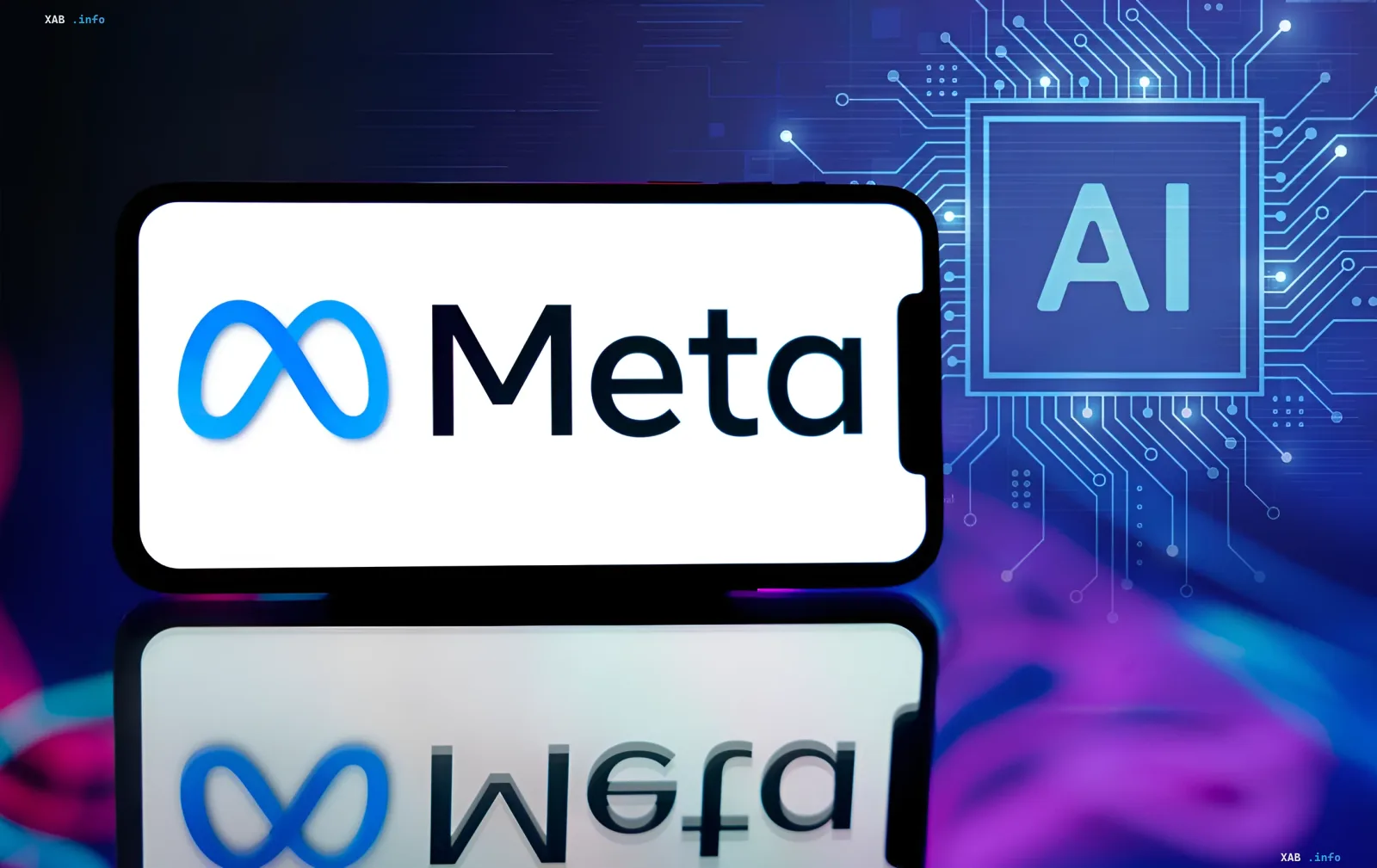Meta logo on a smartphone screen with reflection, with a schematic microchip labeled AI in the background, symbolizing Meta's integration of artificial intelligence into its products, including Meta Edits to compete with CapCut.
