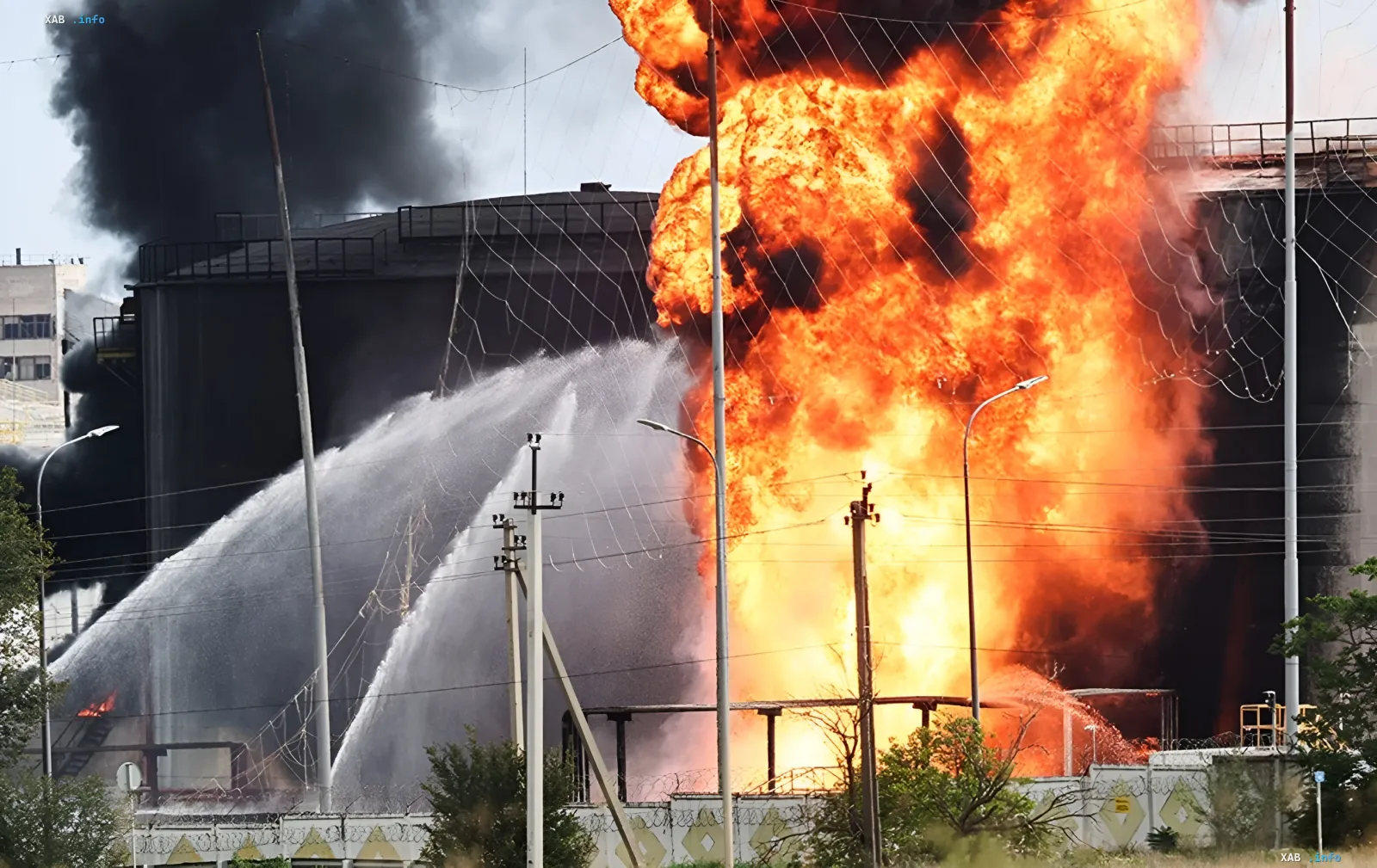 Massive fire at an industrial facility in Russia, symbolizing damage from Ukraine's actions and the need for financial support from allies