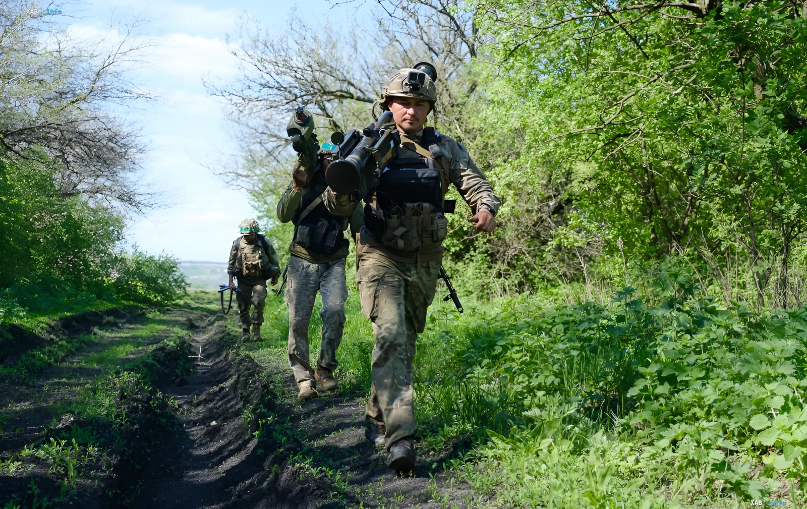 Украинские пехотинцы с вооружением идут по лесной тропе, символизируя новые условия службы и повышения зарплат