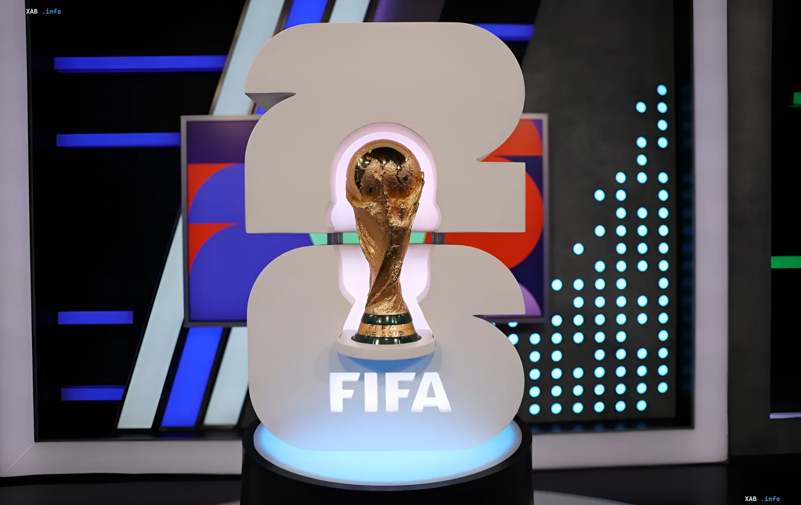 Золотий кубок світу FIFA 2026 на п'єдесталі з логотипом турніру, що символізує майбутні матчі другого дня чемпіонату