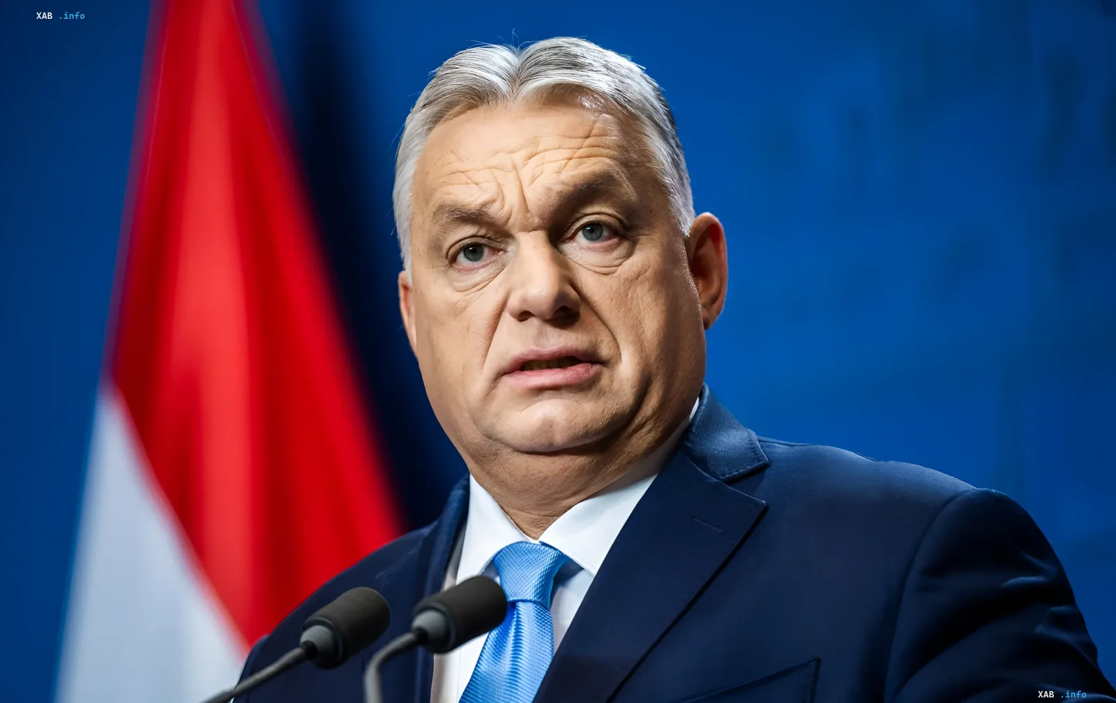 Виктор Орбан, премьер-министр Венгрии, выступает за трибуной с флагом Венгрии на фоне, после переизбрания лидером партии «Фидес» несмотря на падение рейтинга