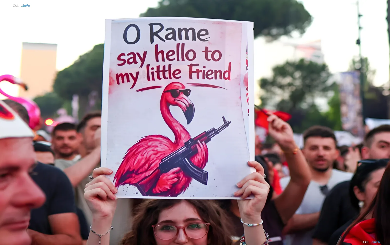 Protester holds a sign with an armed flamingo and the text «O Rama, say hello to my little friend» at a rally against a resort in Albania