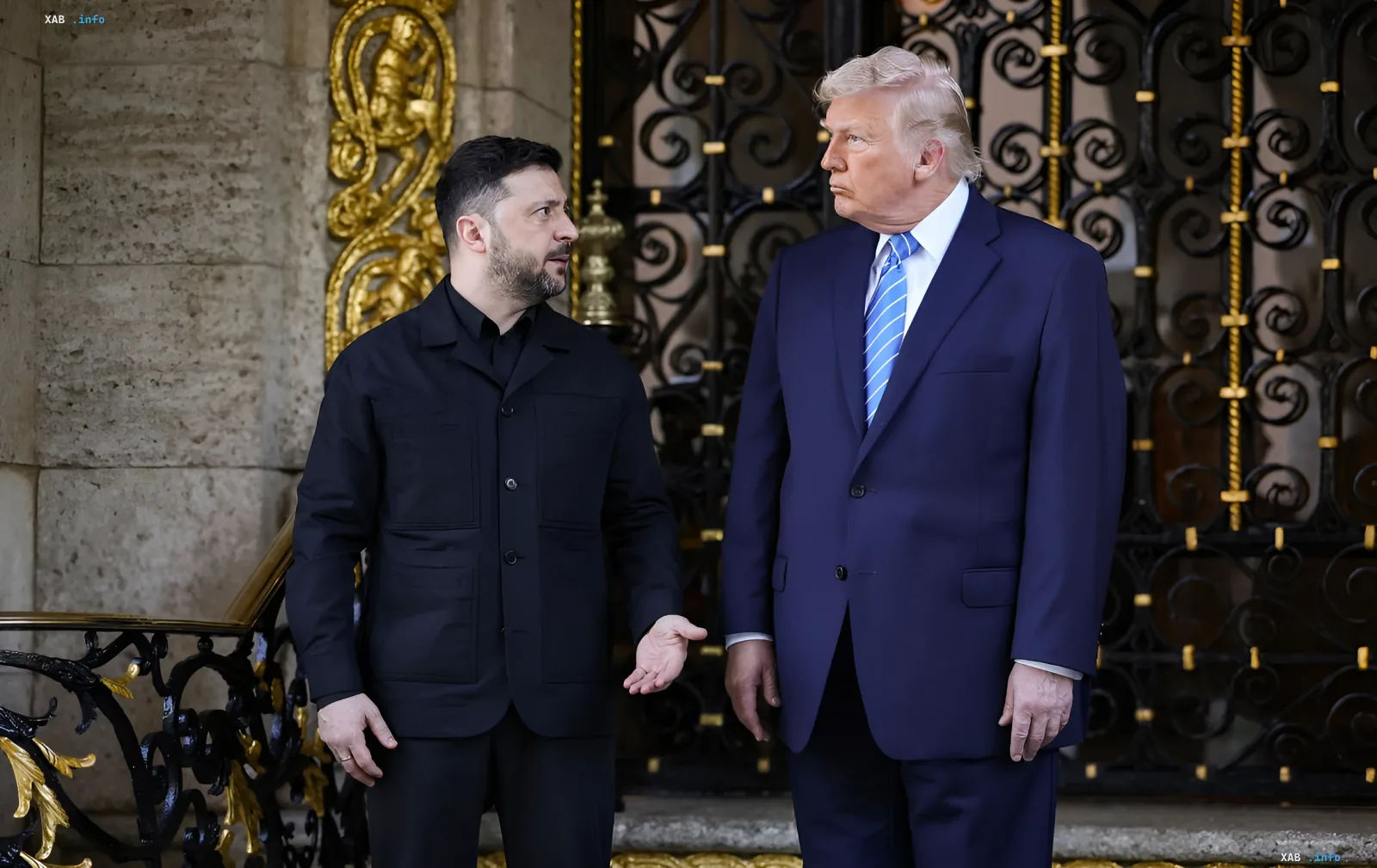 Ukrainian President Zelenskyy and former US President Trump hold talks in front of palace gates in Evian during the G7 summit