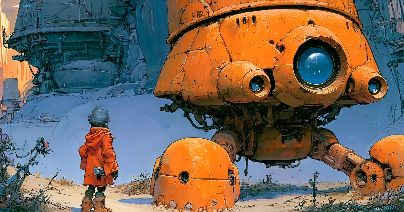 A lone child in an orange coat stands before a giant rusty robot, symbolizing the disconnection of access to AI models Fable 5 and Mythos 5 at the request of the USA