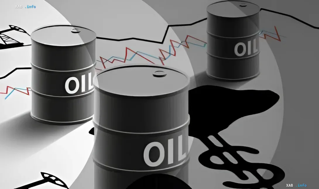 Бочки с надписью OIL на фоне падающего графика и нефтяных вышек, символизирующие резкое падение цен на нефть после отмены ударов Трампом