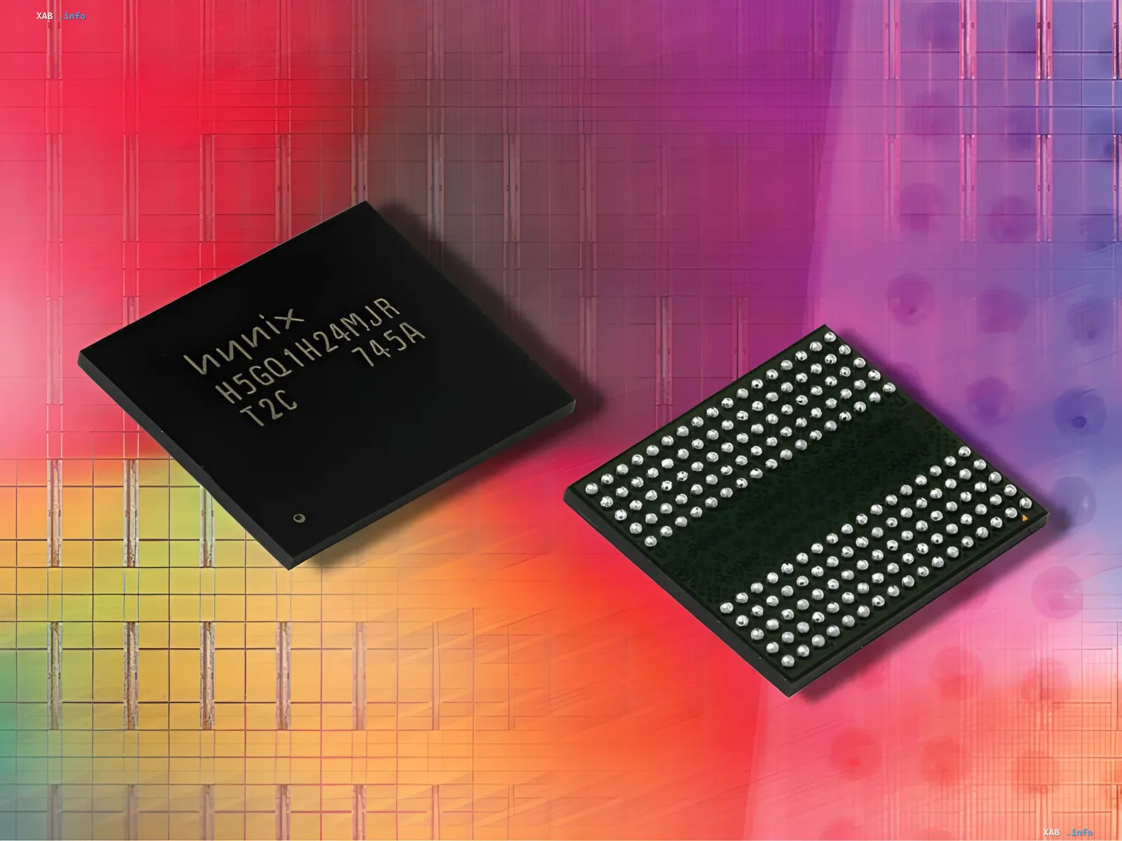 SK hynix memory chip H5GQ1H24MJR on a colorful grid background, illustrating the growth of capacities and prices for memory by 2034