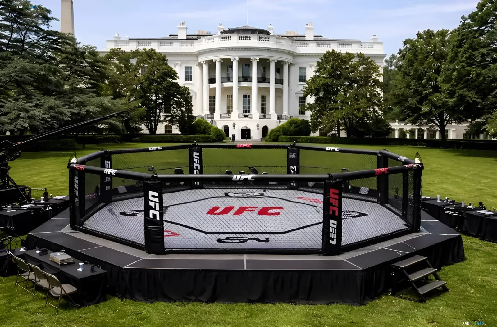 UFC октагон на лужайке Белого дома: турнир UFC Freedom 250 Октагон UFC установлен на газоне перед Белым домом в Вашингтоне, символизируя проведение турнира UFC Freedom 250 и политический резонанс в США.
