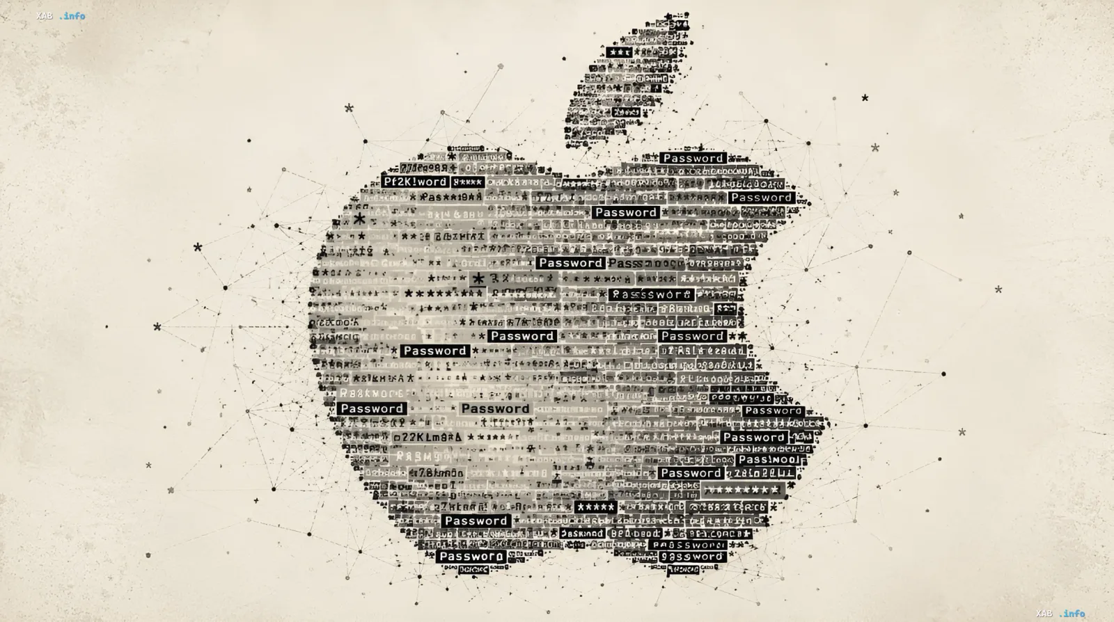 AI agents change passwords: security visualization in iOS 27 Symbolic lock made of passwords and asterisks, illustrating automatic password updates via AI agents in iOS 27