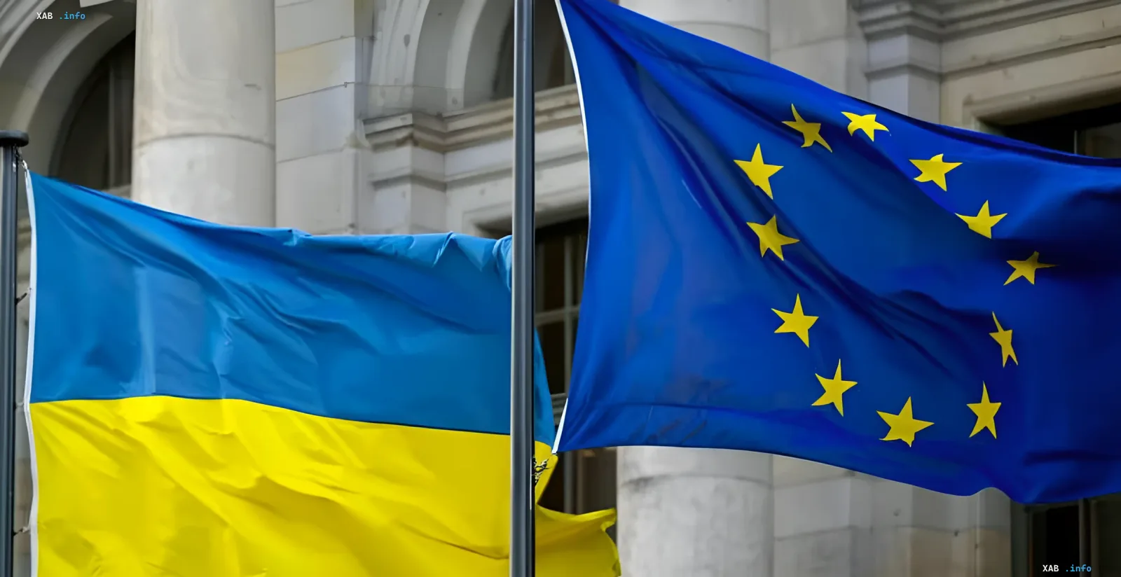 Ukraine and EU: flags as a symbol of accession negotiations launch Flags of Ukraine and the European Union waving side by side, symbolizing the start of accession negotiations for Ukraine with Moldova’s involvement and Hungary’s pivotal role