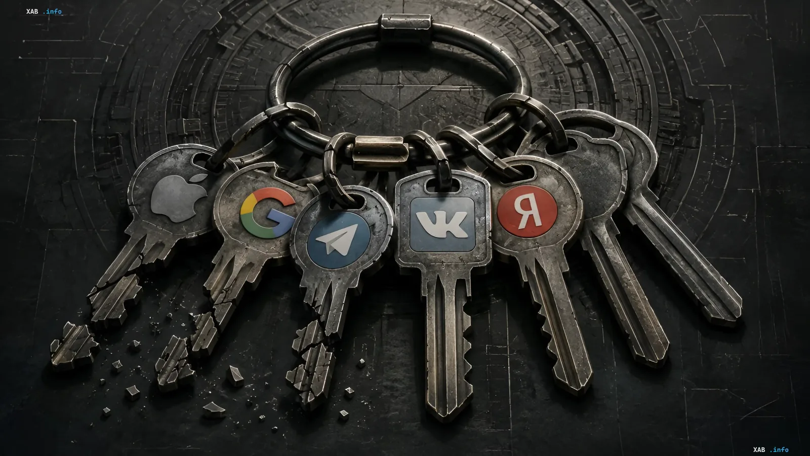 A bunch of keys with logos of popular services, symbolizing authorization and access to accounts, on a dark background with elements of destruction