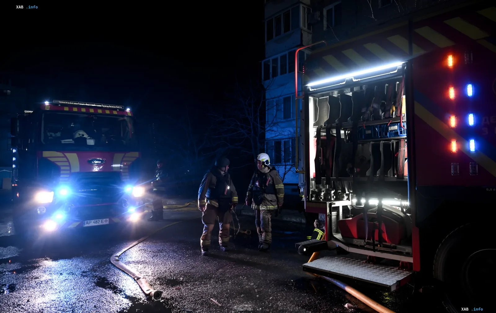 Рятівники в захисному обладнанні гасять пожежу вночі в Харкові після повторного обстрілу, поруч стоїть пожежна машина з увімкненими фарами