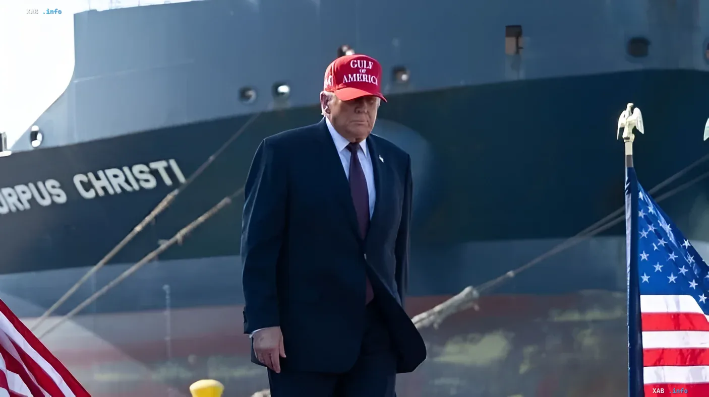 Дональд Трамп в красной кепке 'Gulf of America' на фоне судна 'Corpus Christi' и американского флага — подтверждение открытия Ормузского пролива