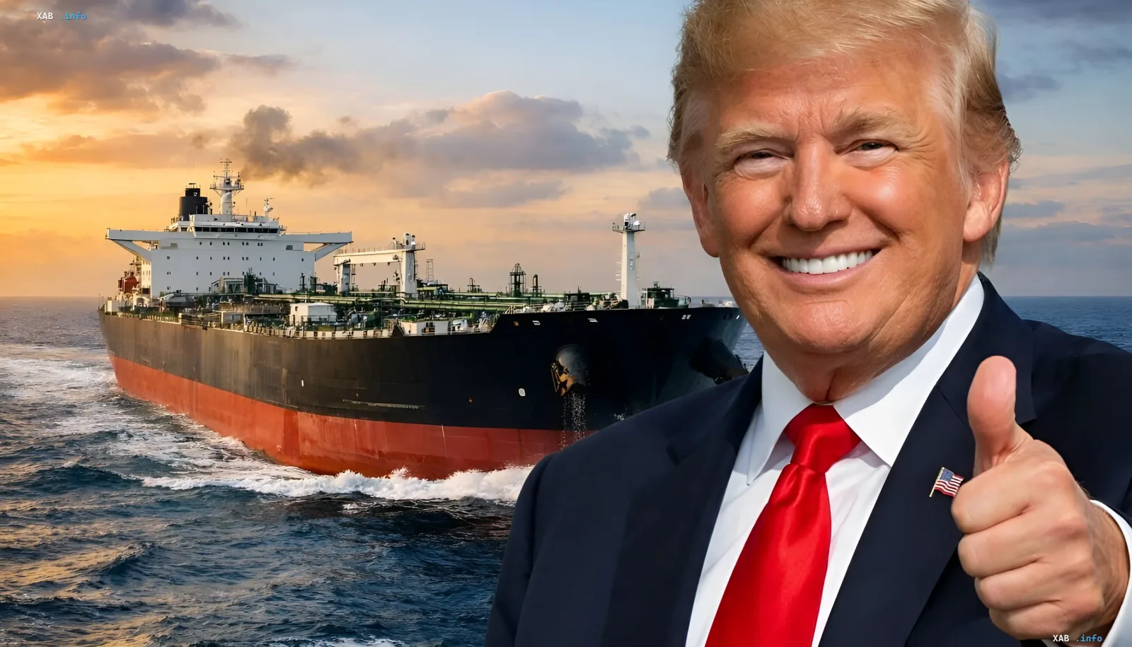 Трамп подтвердил безопасность Ормузского пролива — нефть рухнула Дональд Трамп с одобрительным жестом на фоне танкера, символизирующего открытие Ормузского пролива и падение цен на нефть
