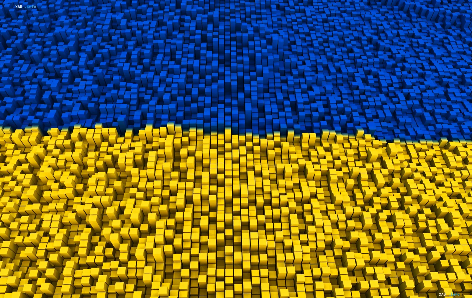 Abstract 3D image of the Ukrainian flag made of cubes, symbolizing digital transformation and integration of AI Lapathoniia with state registries