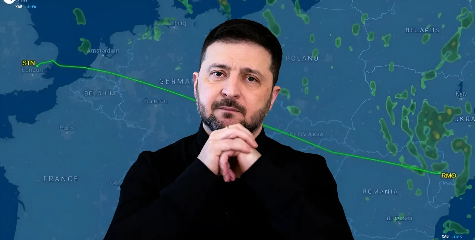 Президент Украины Владимир Зеленский перед картой с маршрутом полета через Кишинев на саммит G7