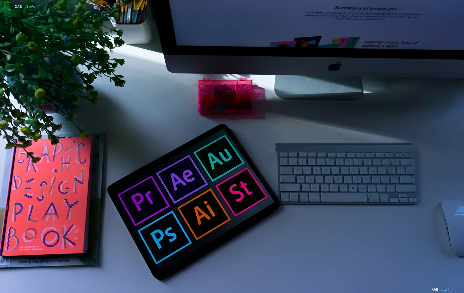 Рабочее место дизайнера с планшетом, на экране которого отображены логотипы Adobe Photoshop, Premiere Pro, After Effects, Illustrator, Audition и Substance 3D, символизирующие ИИ-революцию в Creative Cloud