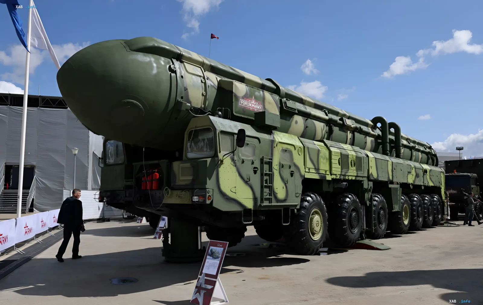 Russische interkontinentale ballistische Rakete auf einer Ausstellung, die das Thema von Gyroskopdefekten und Genauigkeitsproblemen veranschaulicht