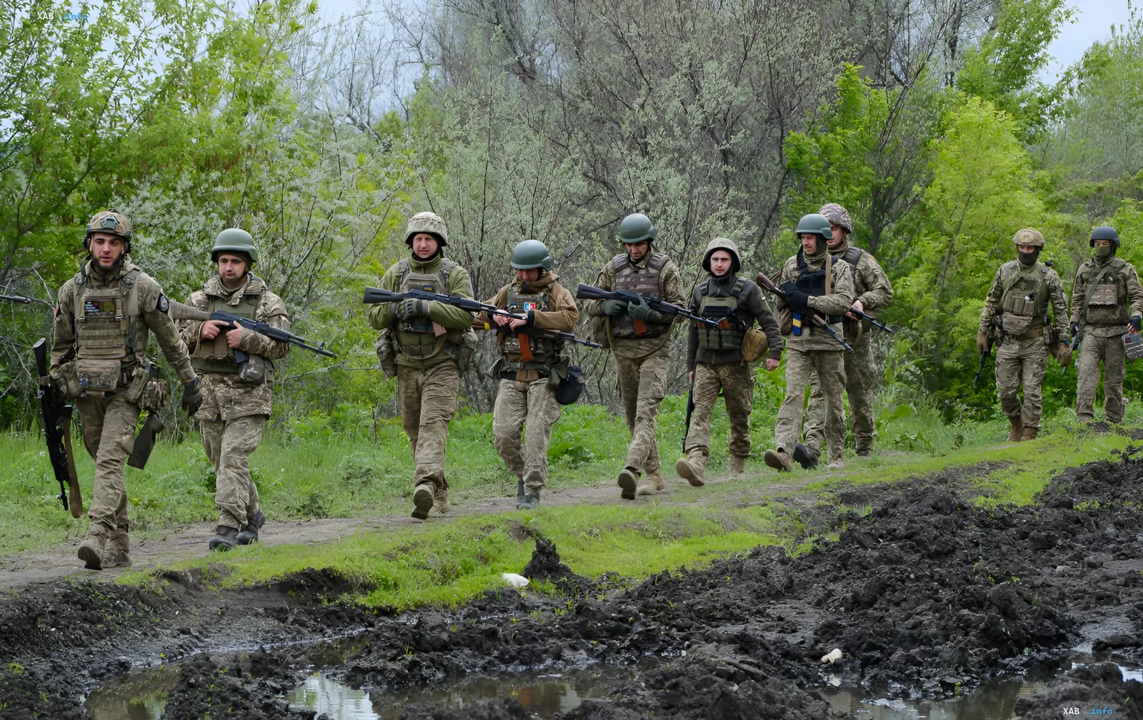 Украинские военные в камуфляже идут по лесной тропе с оружием, символизируя выбор между демобилизацией и новым контрактом