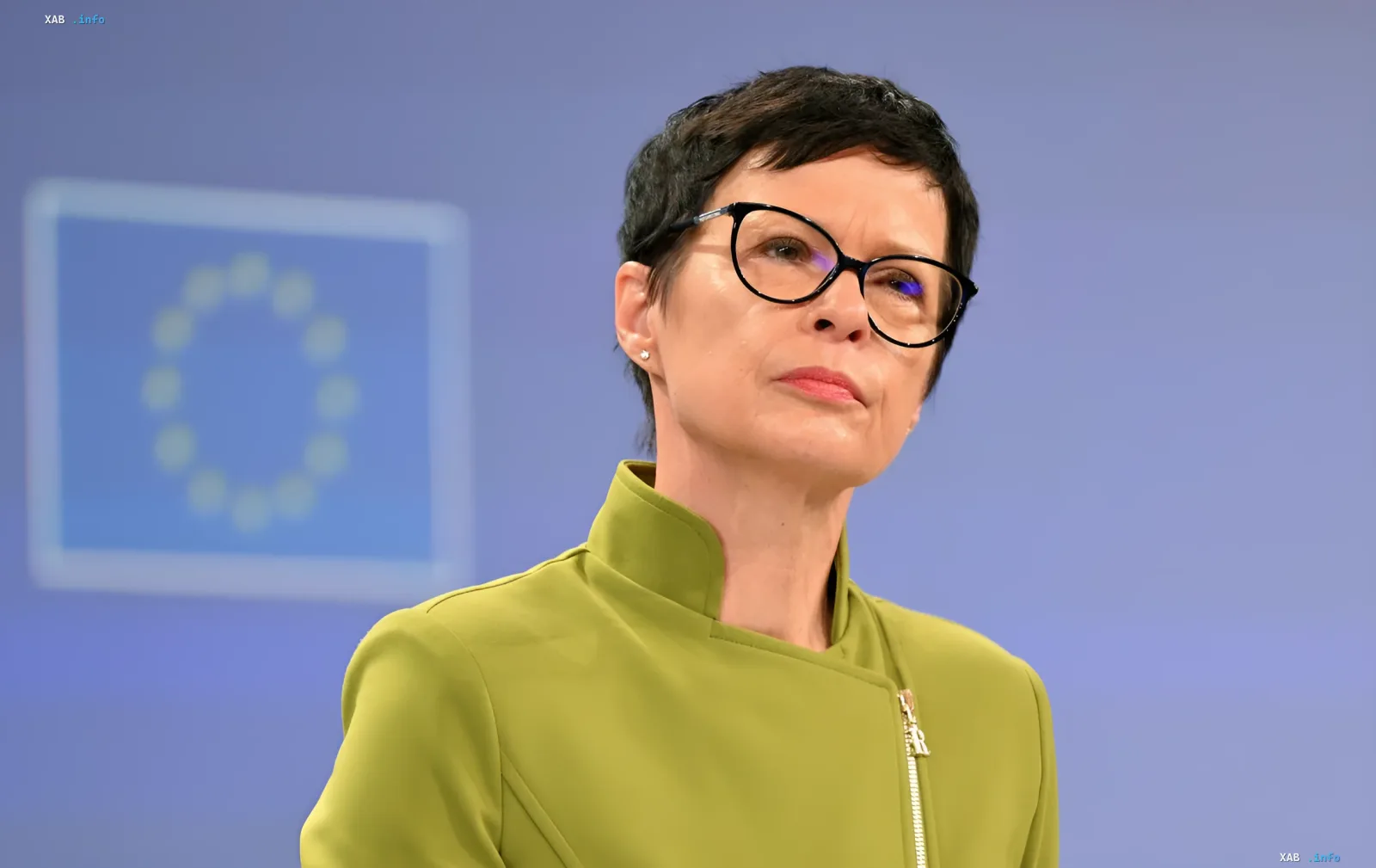 Урсула фон дер Ляйен, председатель Европейской комиссии, на фоне флага ЕС, обсуждает защитные механизмы для Украины и Молдовы