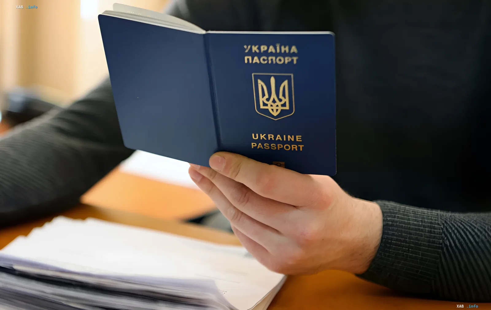 Ручка держит украинский загранпаспорт, символ восстановления документов в условиях войны