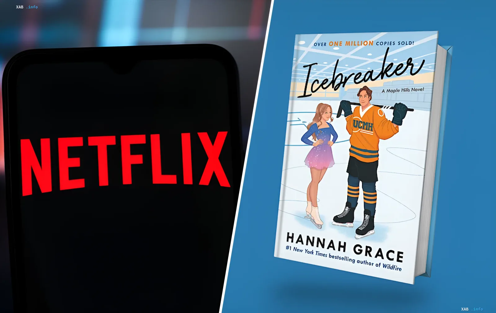 Логотип Netflix на смартфоне рядом с обложкой книги «Icebreaker» Ханна Грейс, по которой снимается сериал о хоккеисте и фигуристке