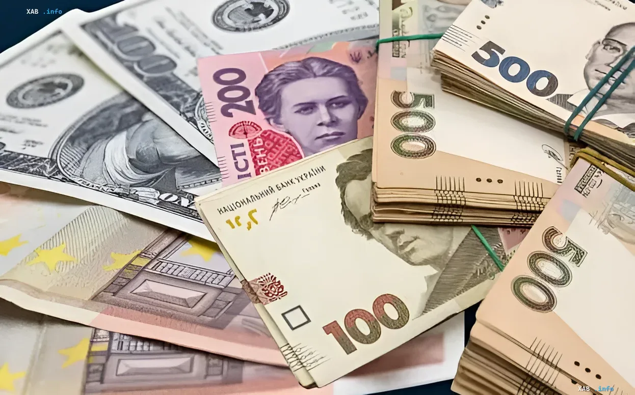 Смешанные купюры долларов США, евро и украинских гривен — иллюстрация макроэкономических прогнозов Кабмина на 2025–2029 годы