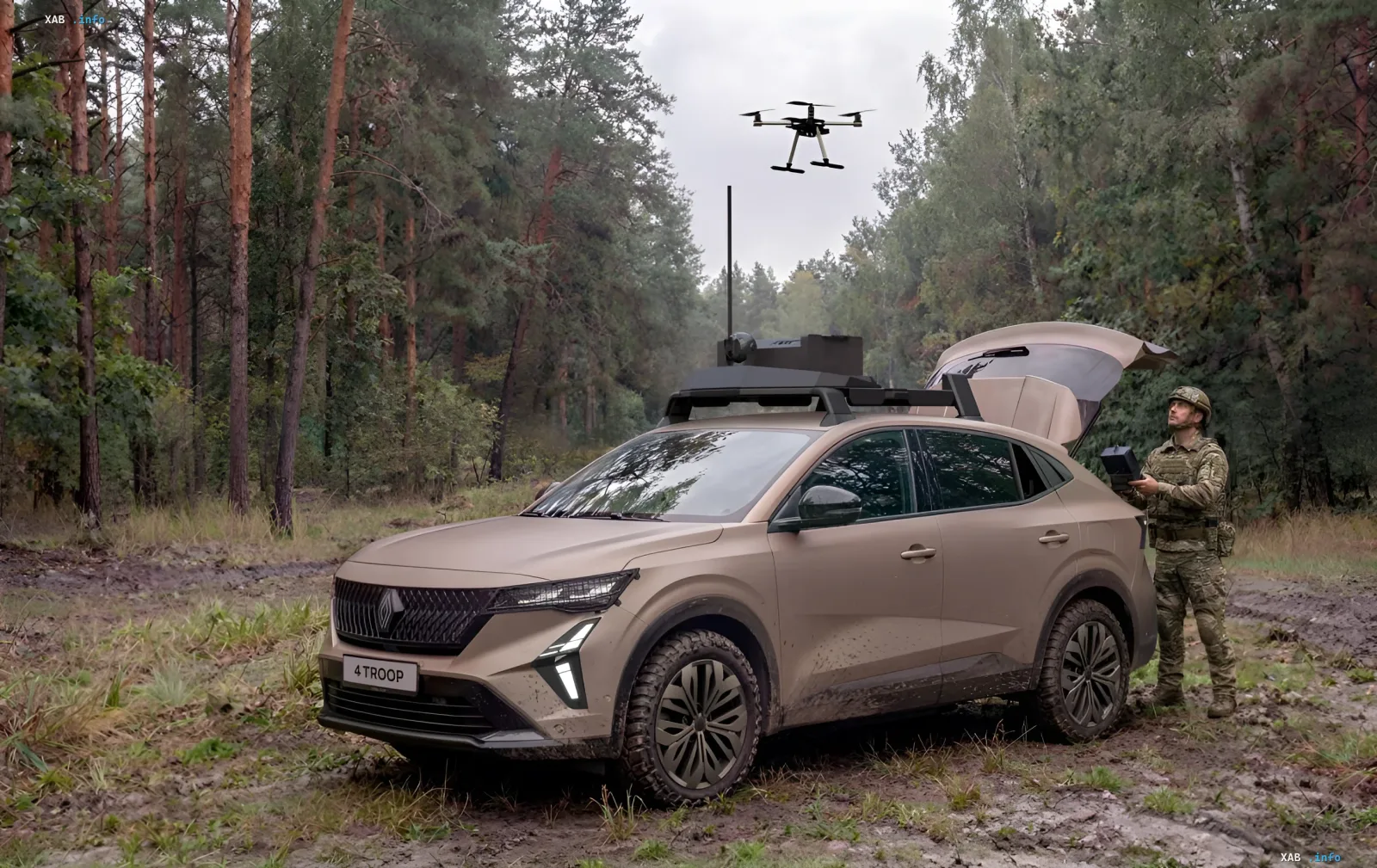 Renault 4 Troop в камуфляжной раскраске в лесу с военным оператором и дроном, превращенный в мобильный центр управления