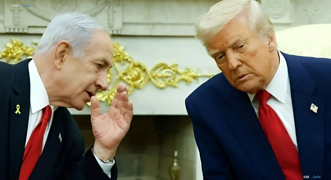 Биньямин Нетаньяху шепчет Дональду Трампу, иллюстрируя дипломатический скандал: США отказали Израилю в доступе к меморандуму по Ирану