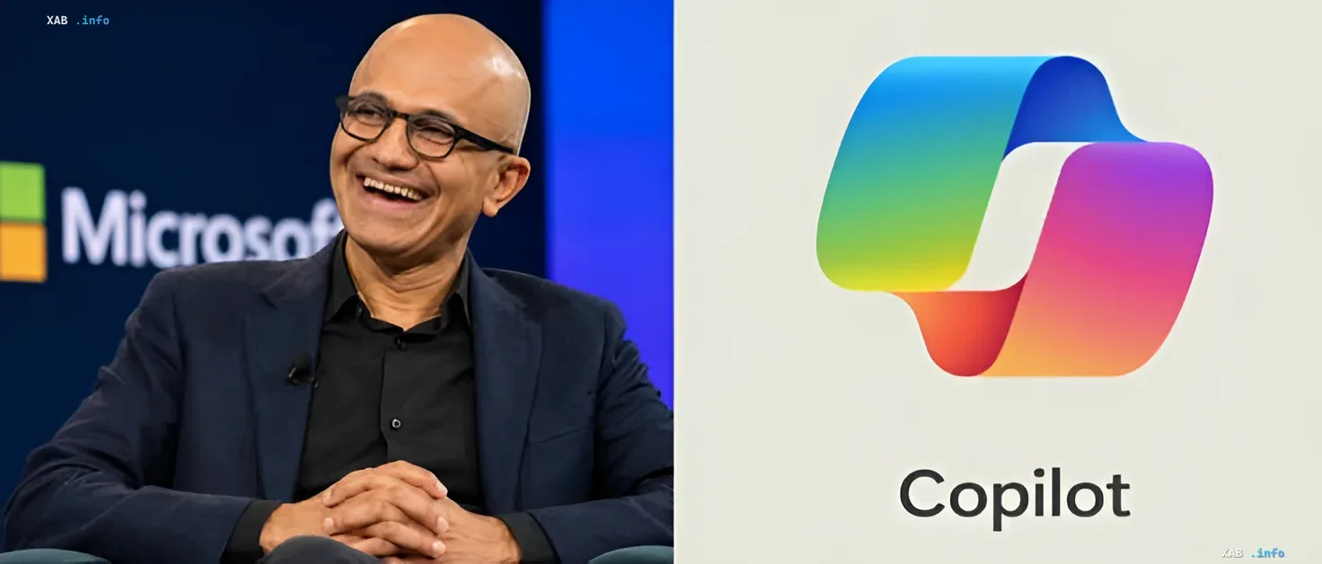 Сатья Наделла смеется на фоне логотипа Microsoft и логотипа Copilot — иллюстрация к новости о его зависимости от ИИ