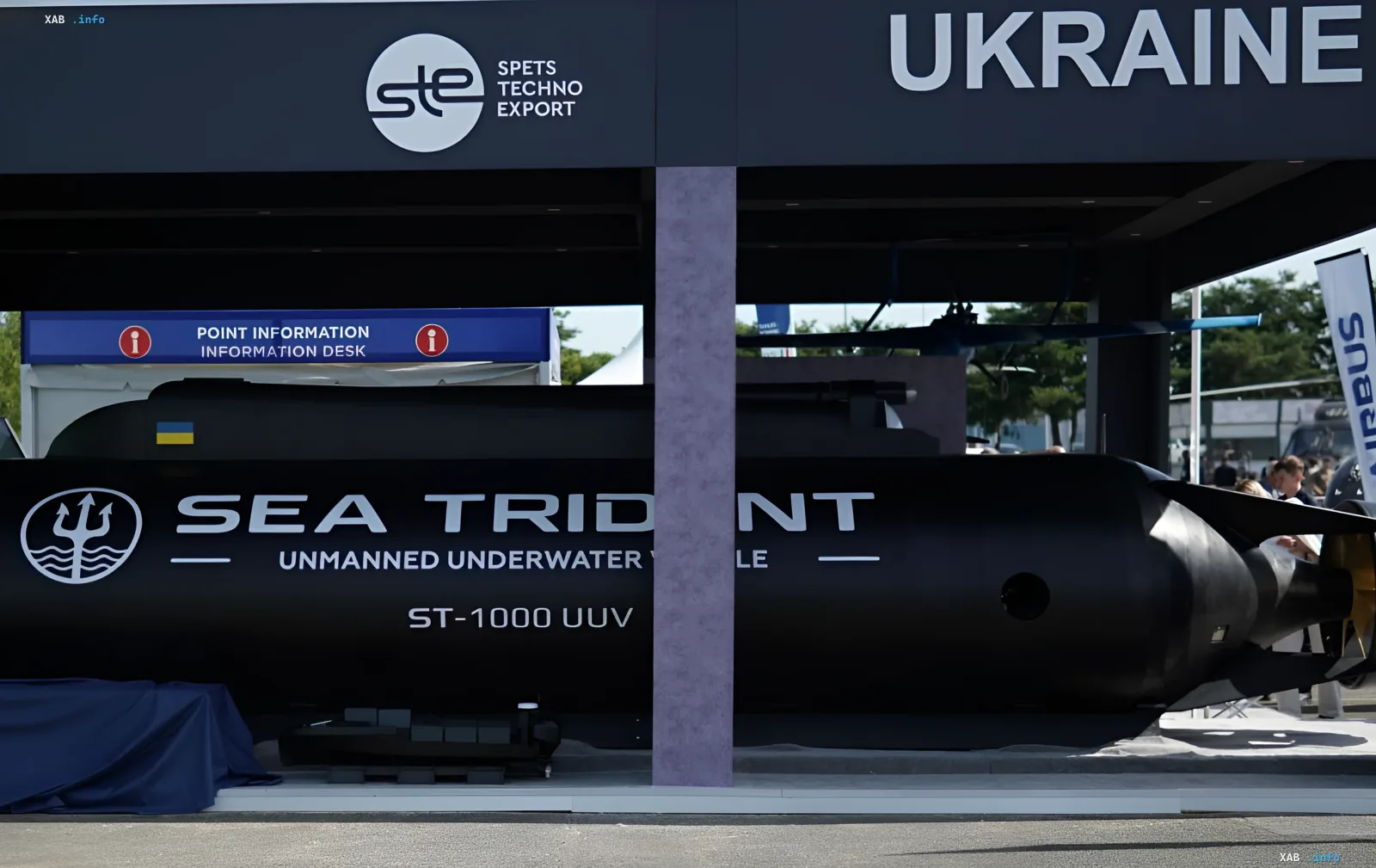 Ukrainian underwater drone Sea Trident ST-1000 UUV on display at a defense exhibition, showcasing advanced autonomous maritime capabilities with a range up to 3200 km