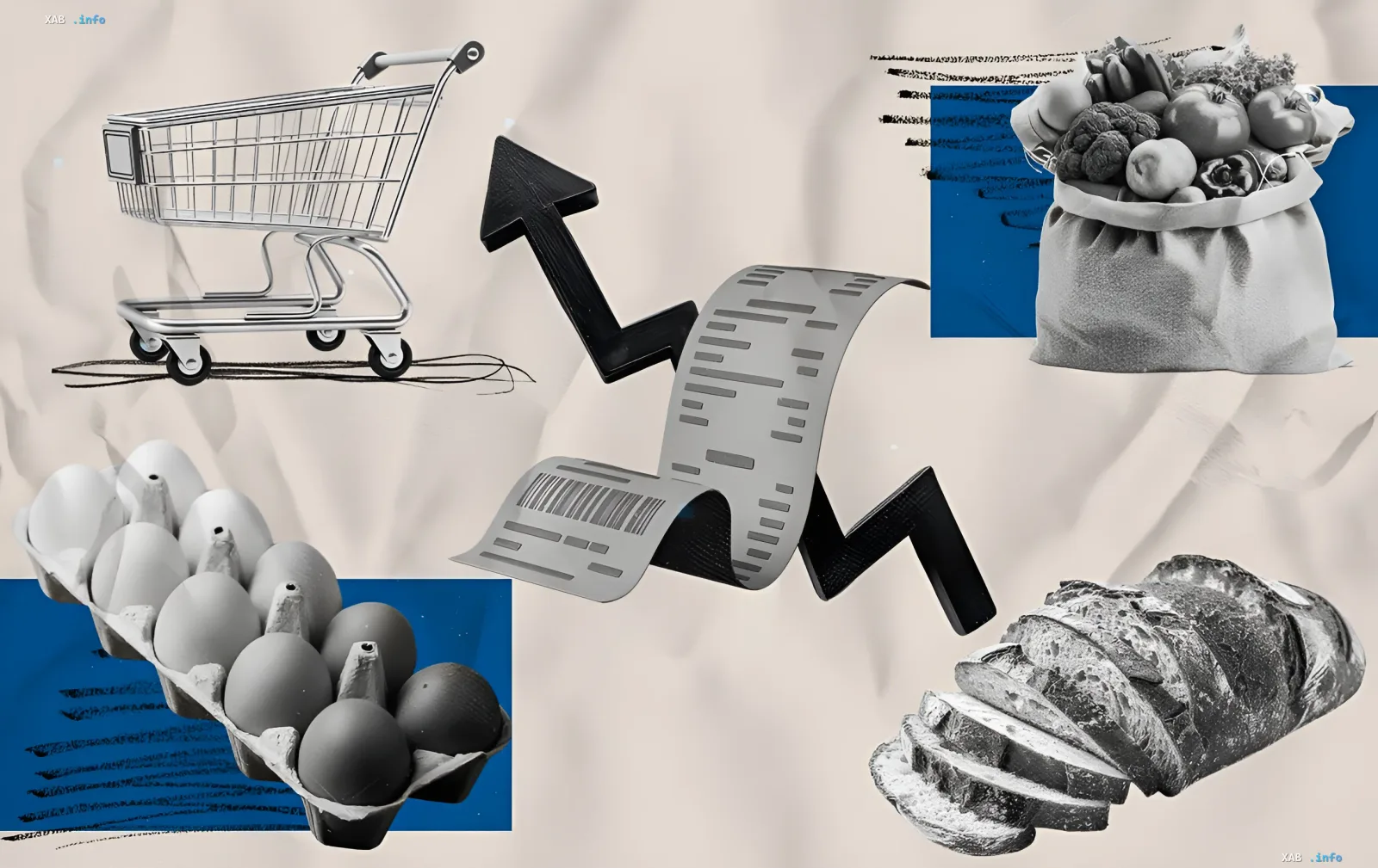 Коллаж с продуктами питания, включая яйца, хлеб, овощи и фрукты, а также тележку для покупок и график роста цен, иллюстрирующий изменения цен на продукты в Украине 16 июня.