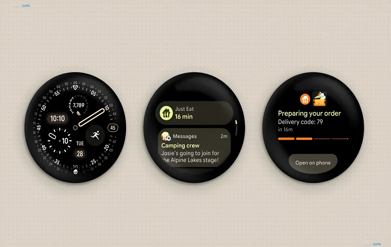 Wear OS 7-Benutzeroberfläche mit Benachrichtigungen von Just Eat und Nachrichten in der Camping crew-Gruppe, die die Integration des KI-Assistenten Gemini zeigt